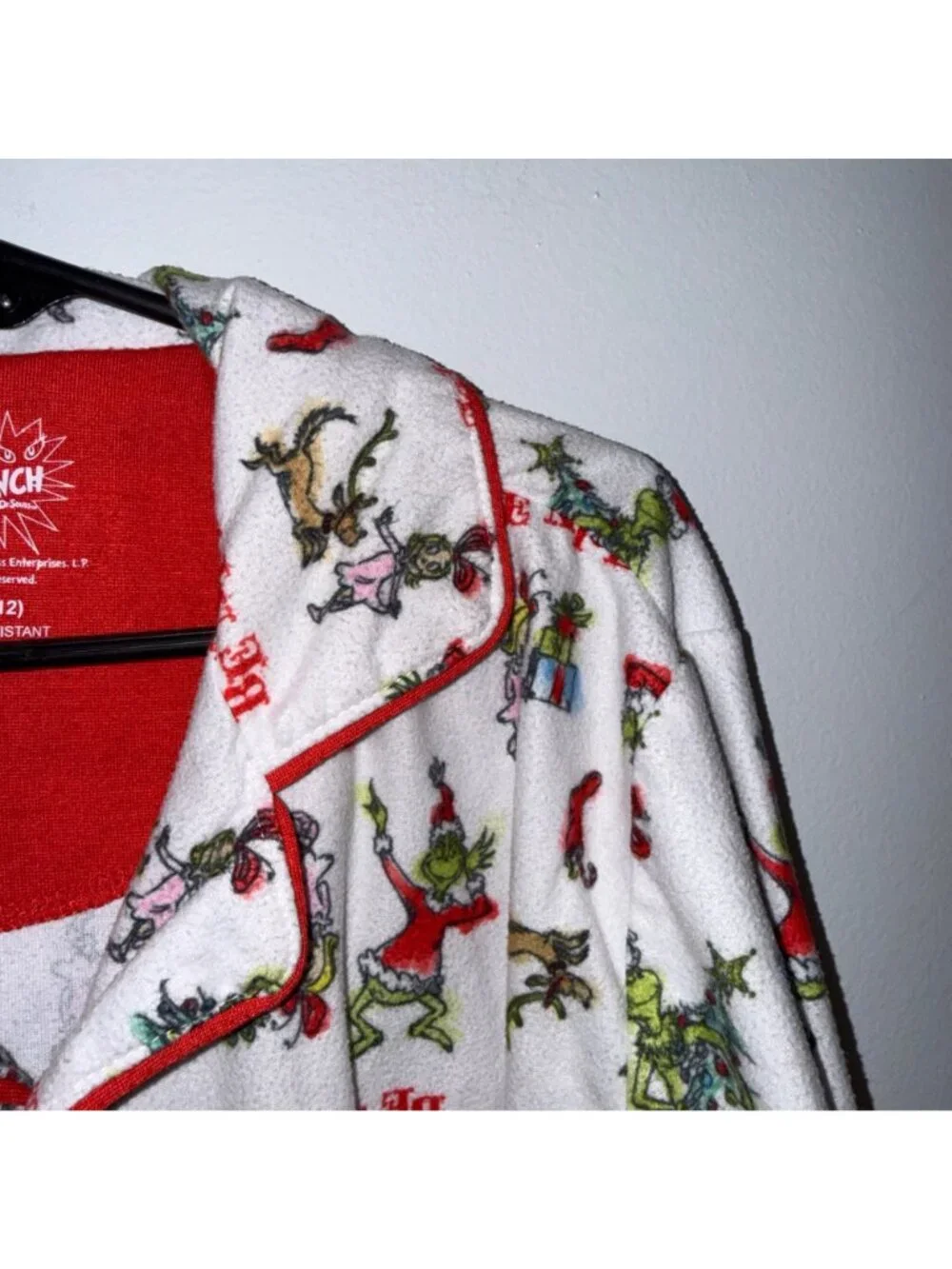 Dr. Seuss The Grinch Kids Holiday Pajama Top Size L (10/12) White Red Be Nice